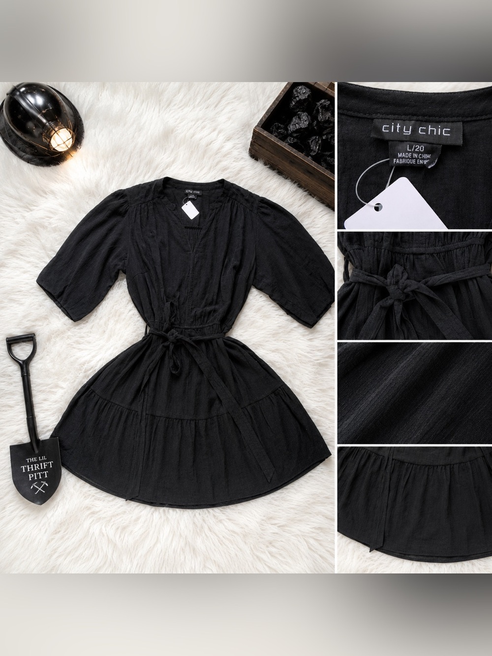 City Chic Black Textured Tie-Waist Tiered Mini Dress
